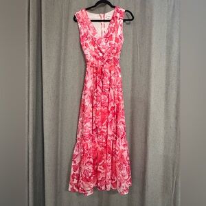 Calvin Klein Chiffon Tiered Maxi Dress in a pink floral print.